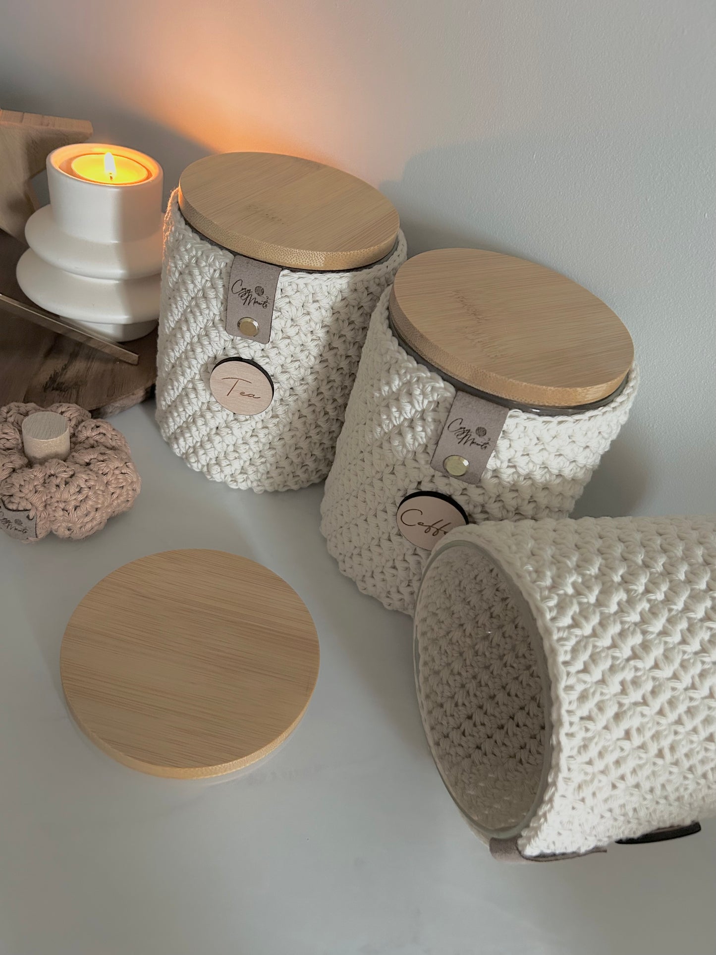 Neutral Crochet Glass Tea Coffee Sugar Jars | Kitchen Storage