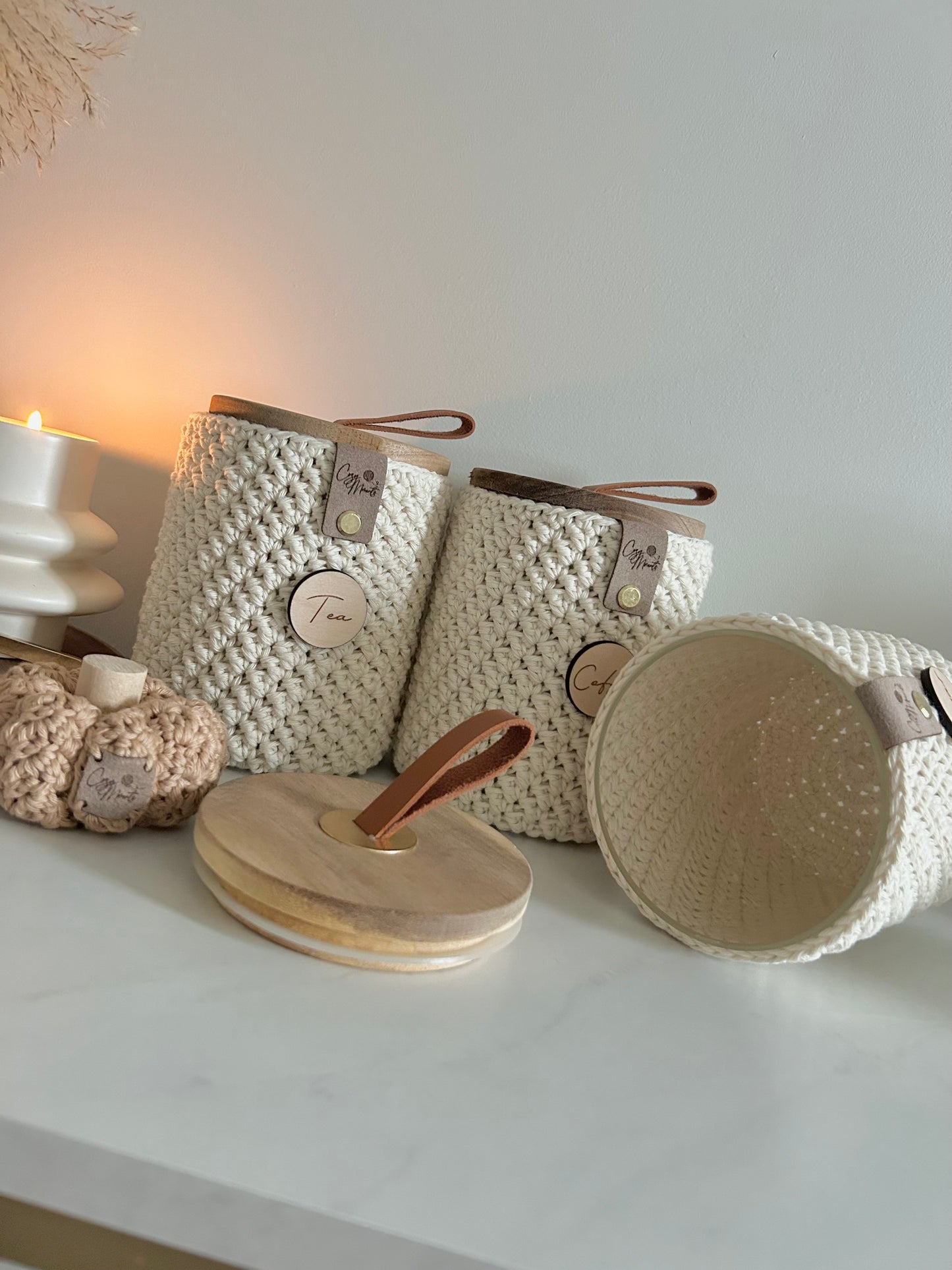 Neutral Crochet Glass Tea Coffee Sugar Jars | Kitchen Storage