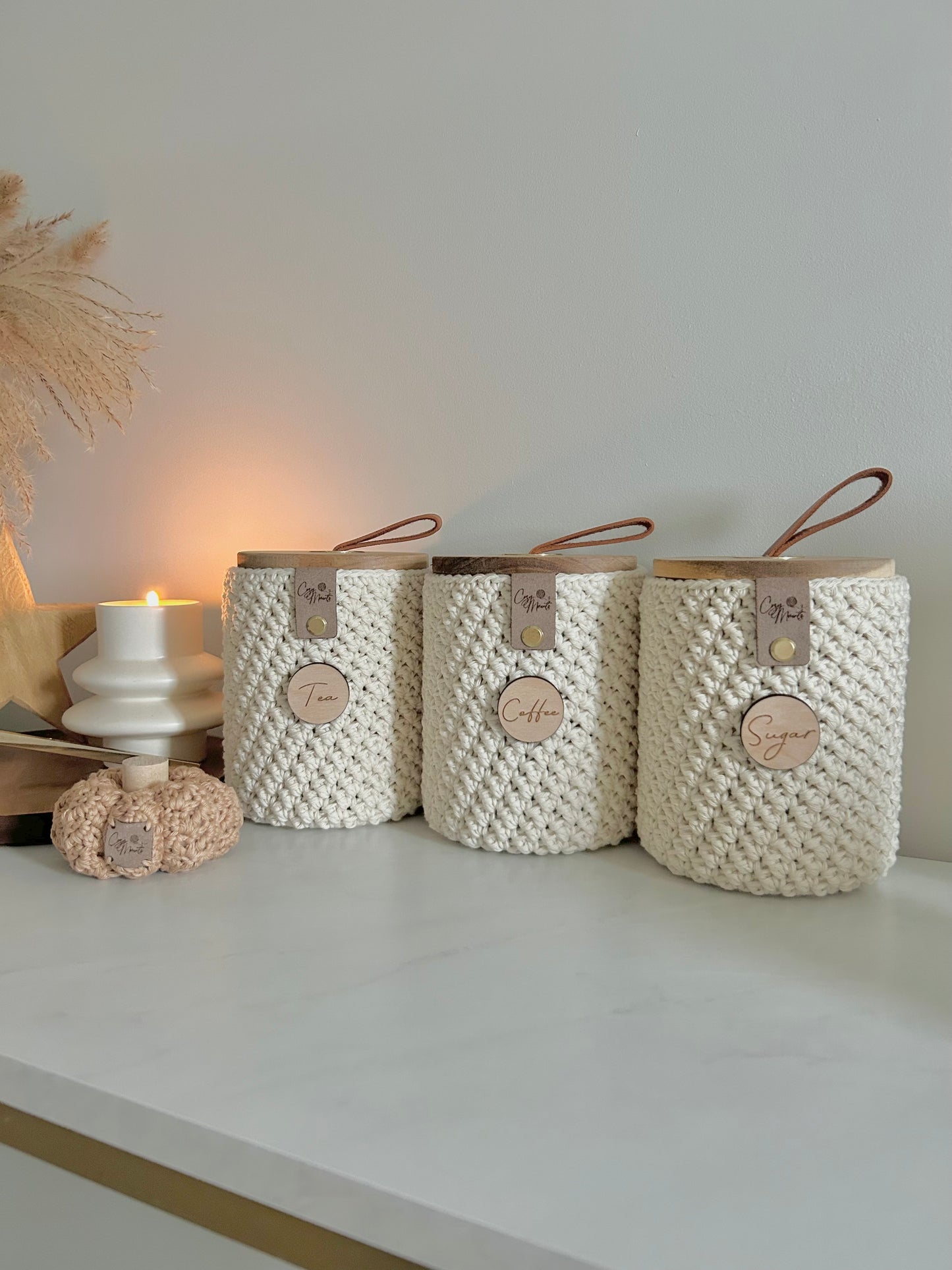 Neutral Crochet Glass Tea Coffee Sugar Jars | Kitchen Storage