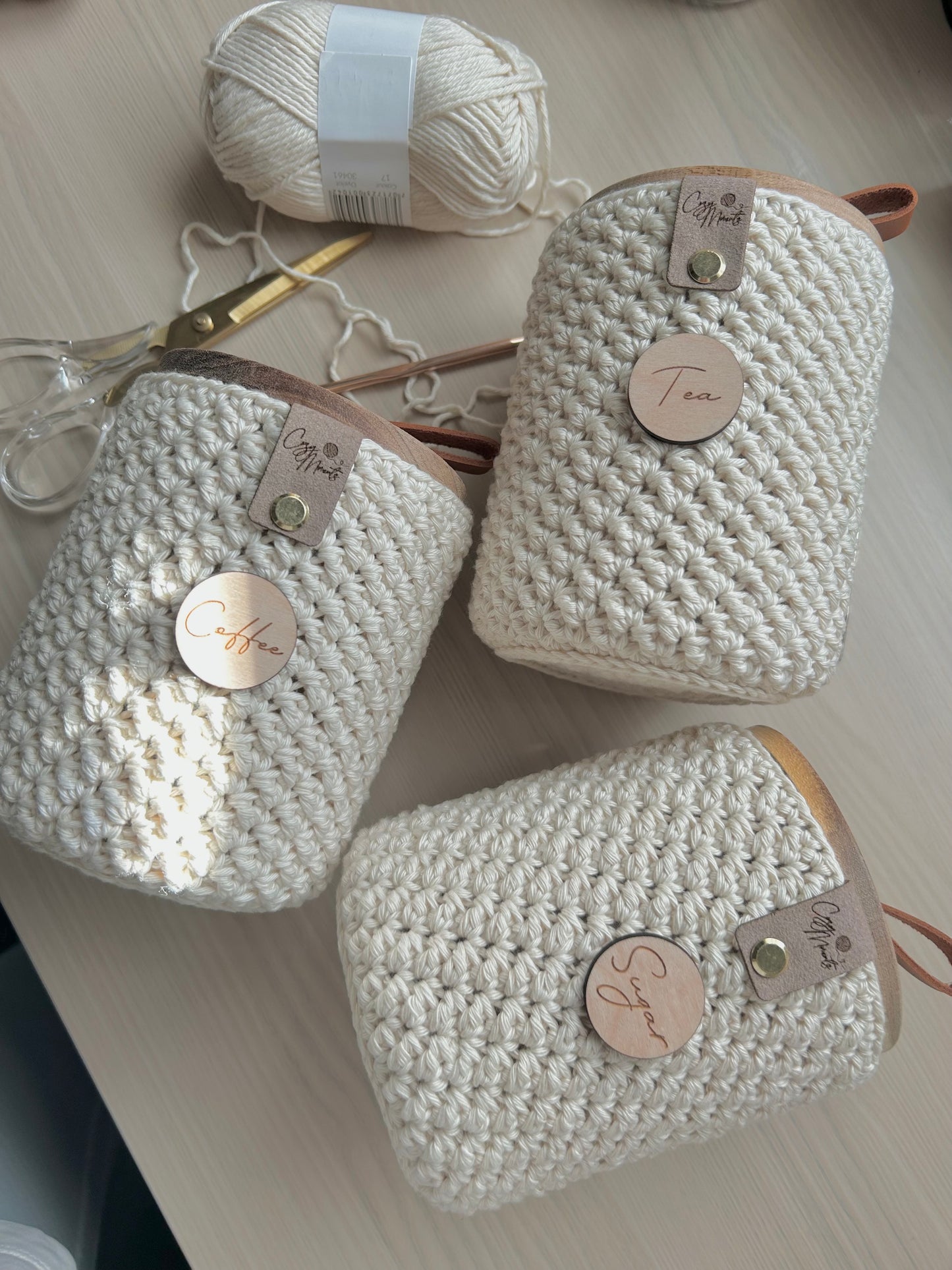 Neutral Crochet Glass Tea Coffee Sugar Jars | Kitchen Storage