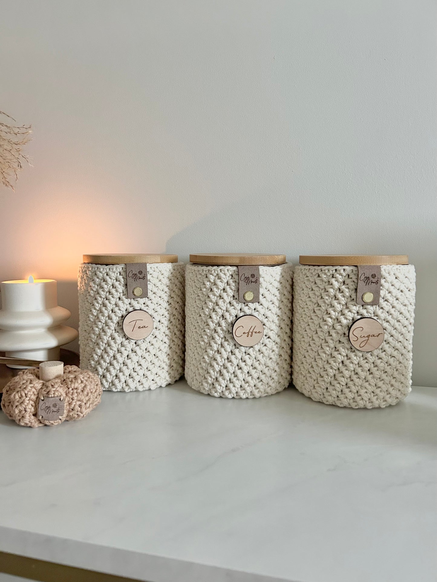 Neutral Crochet Glass Tea Coffee Sugar Jars | Kitchen Storage