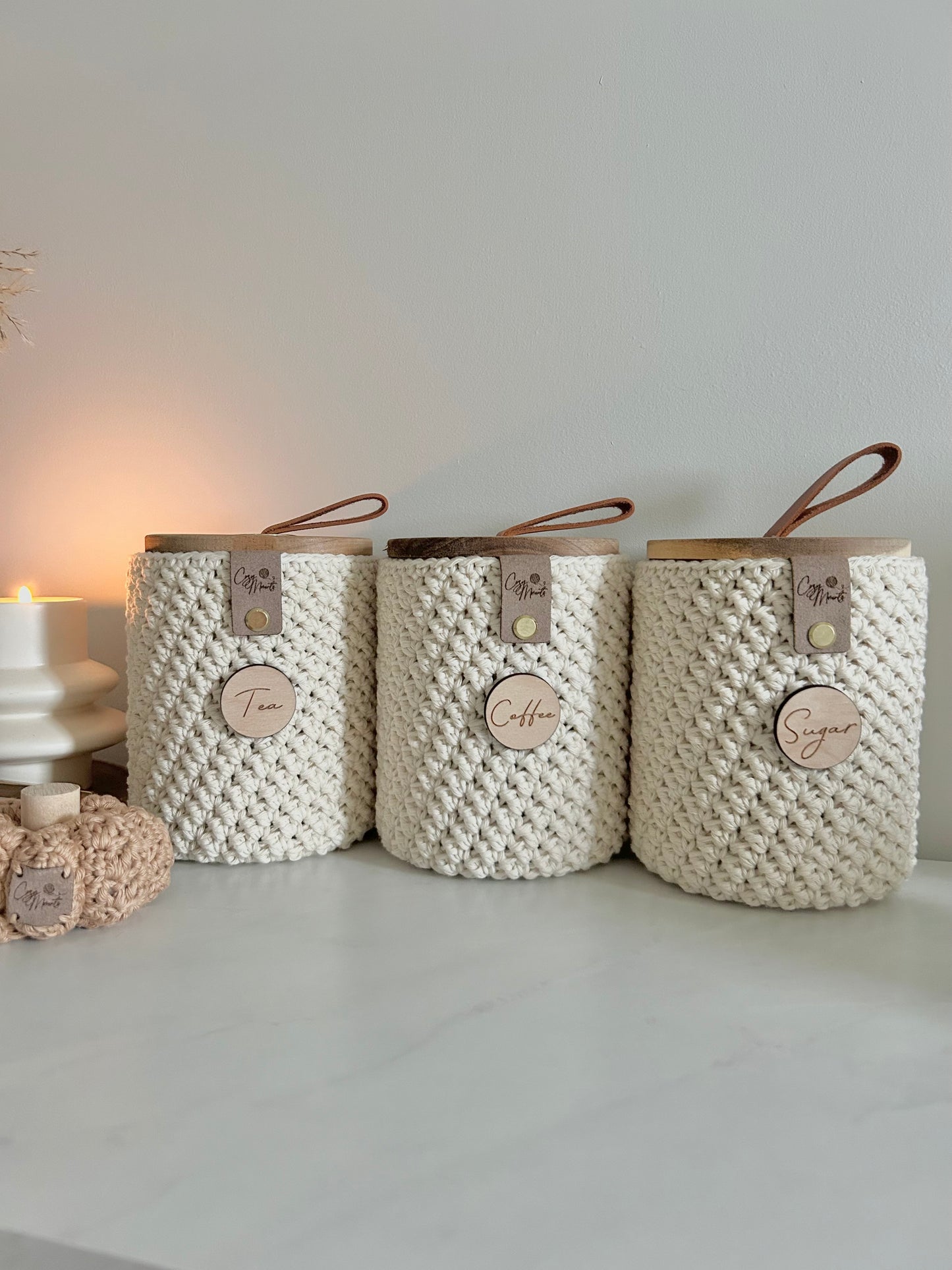 Neutral Crochet Glass Tea Coffee Sugar Jars | Kitchen Storage