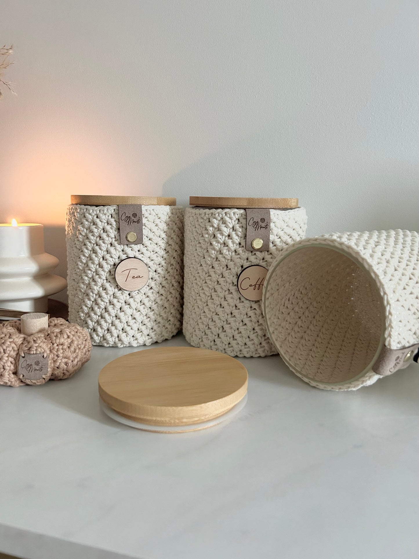 Neutral Crochet Glass Tea Coffee Sugar Jars | Kitchen Storage