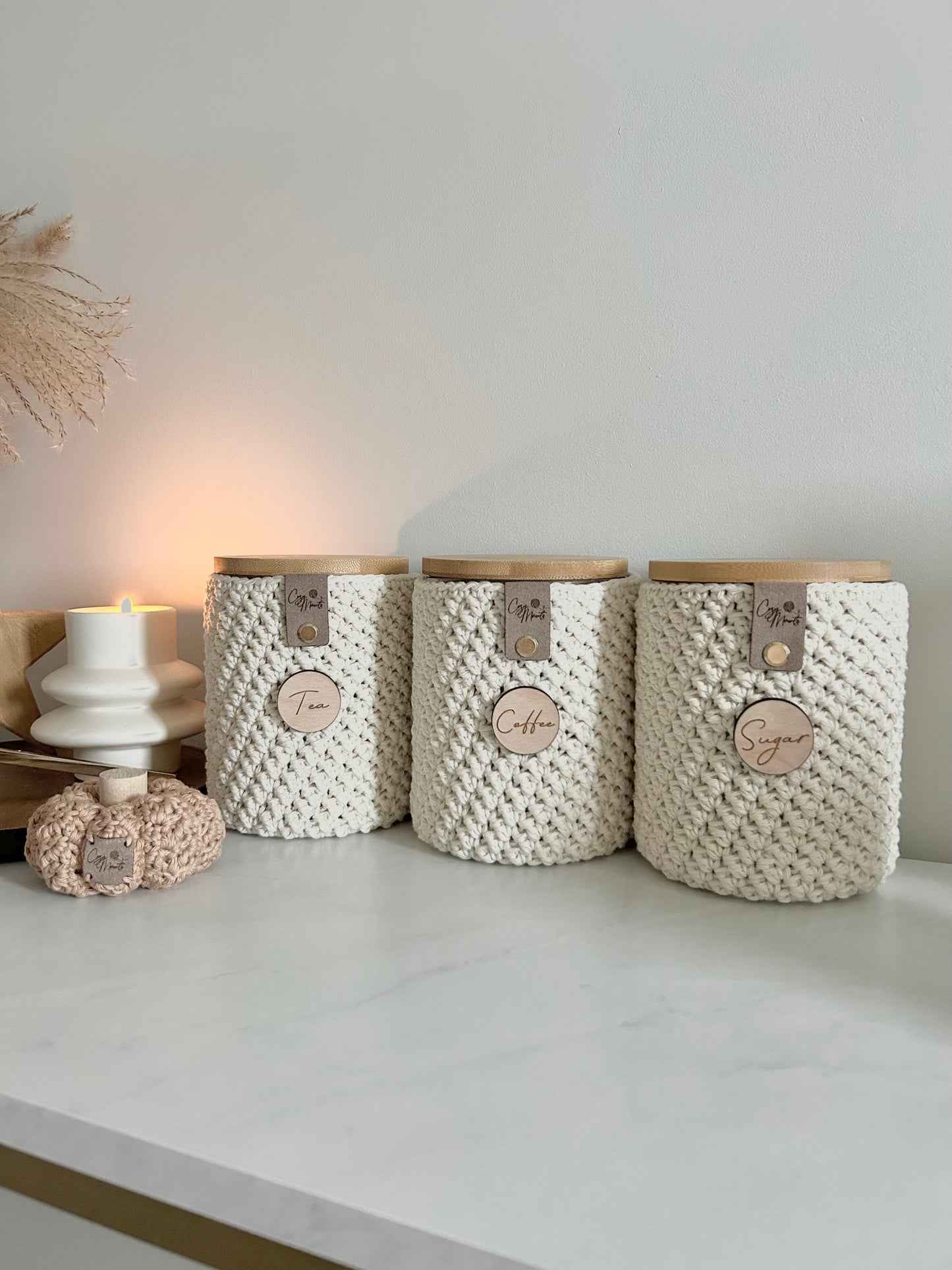 Neutral Crochet Glass Tea Coffee Sugar Jars | Kitchen Storage