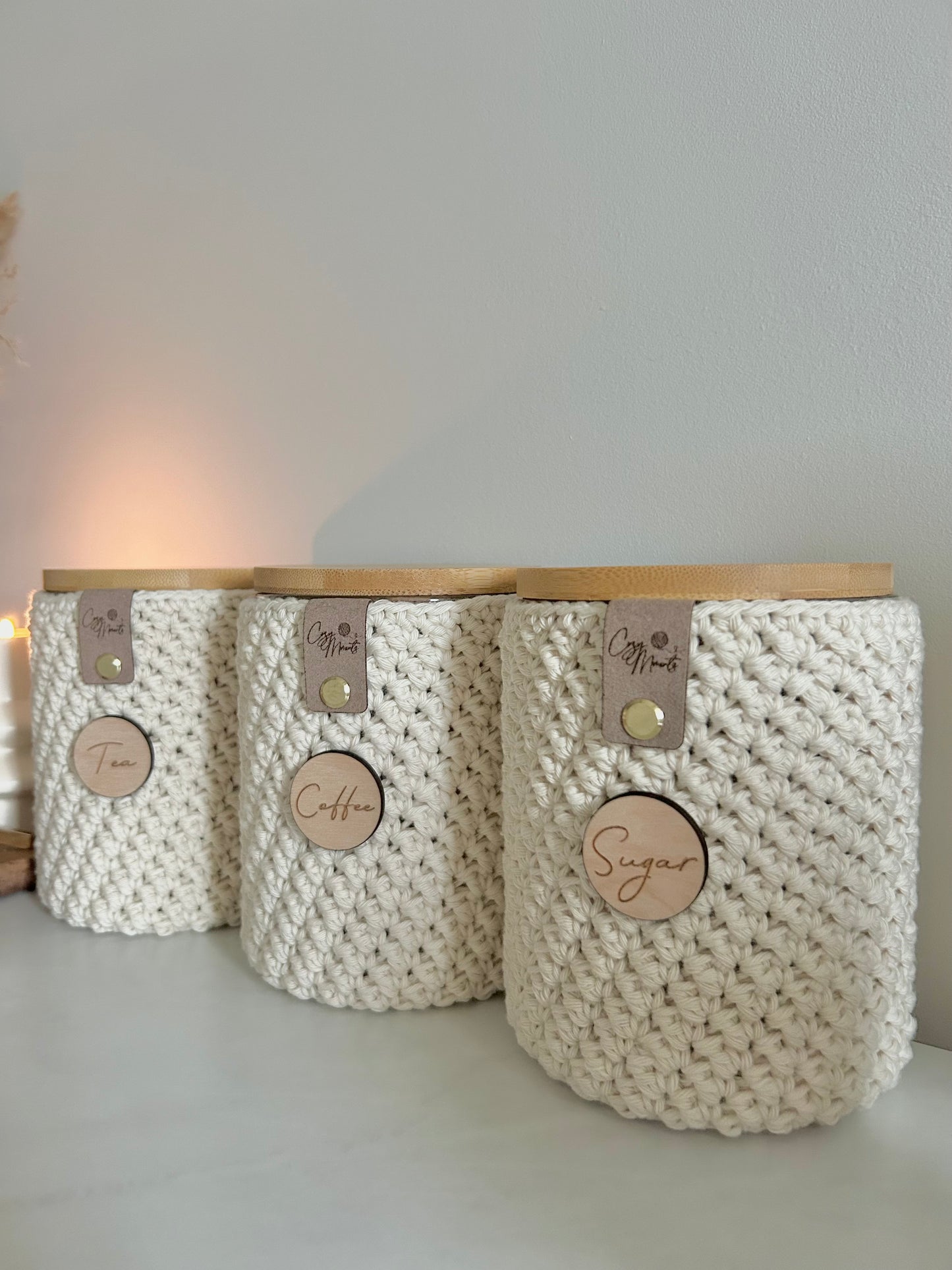 Neutral Crochet Glass Tea Coffee Sugar Jars | Kitchen Storage