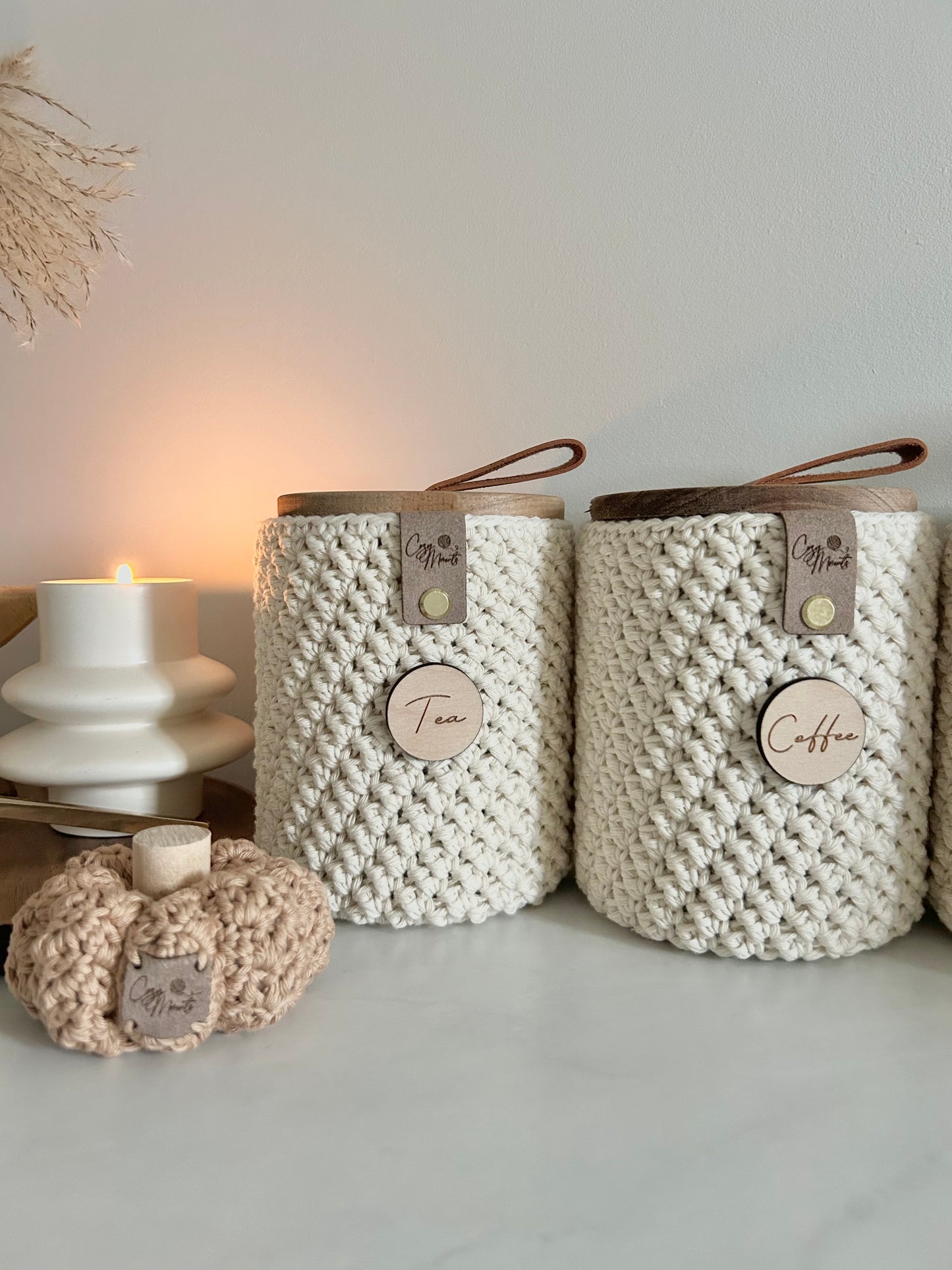 Neutral Crochet Glass Tea Coffee Sugar Jars | Kitchen Storage